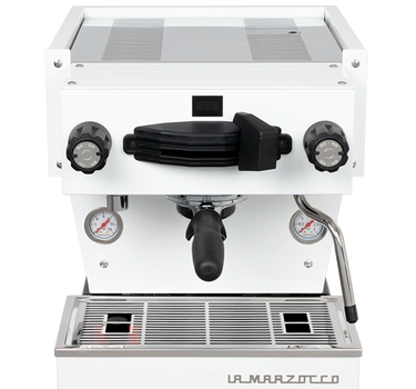 Front view of La Marzoccco Linea Mini coffee machine in white.