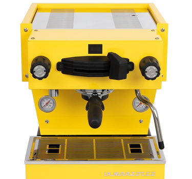 Front view of La Marzocco Home Linea Mini coffee machine in yellow.