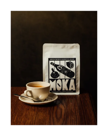 Mecca Coffee Moka Premium BLend Alberto's Louonge Collaboration 250gr bag and espresso