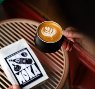 Mecca Coffee Moka Premium Blend 250g Bag and Flat White